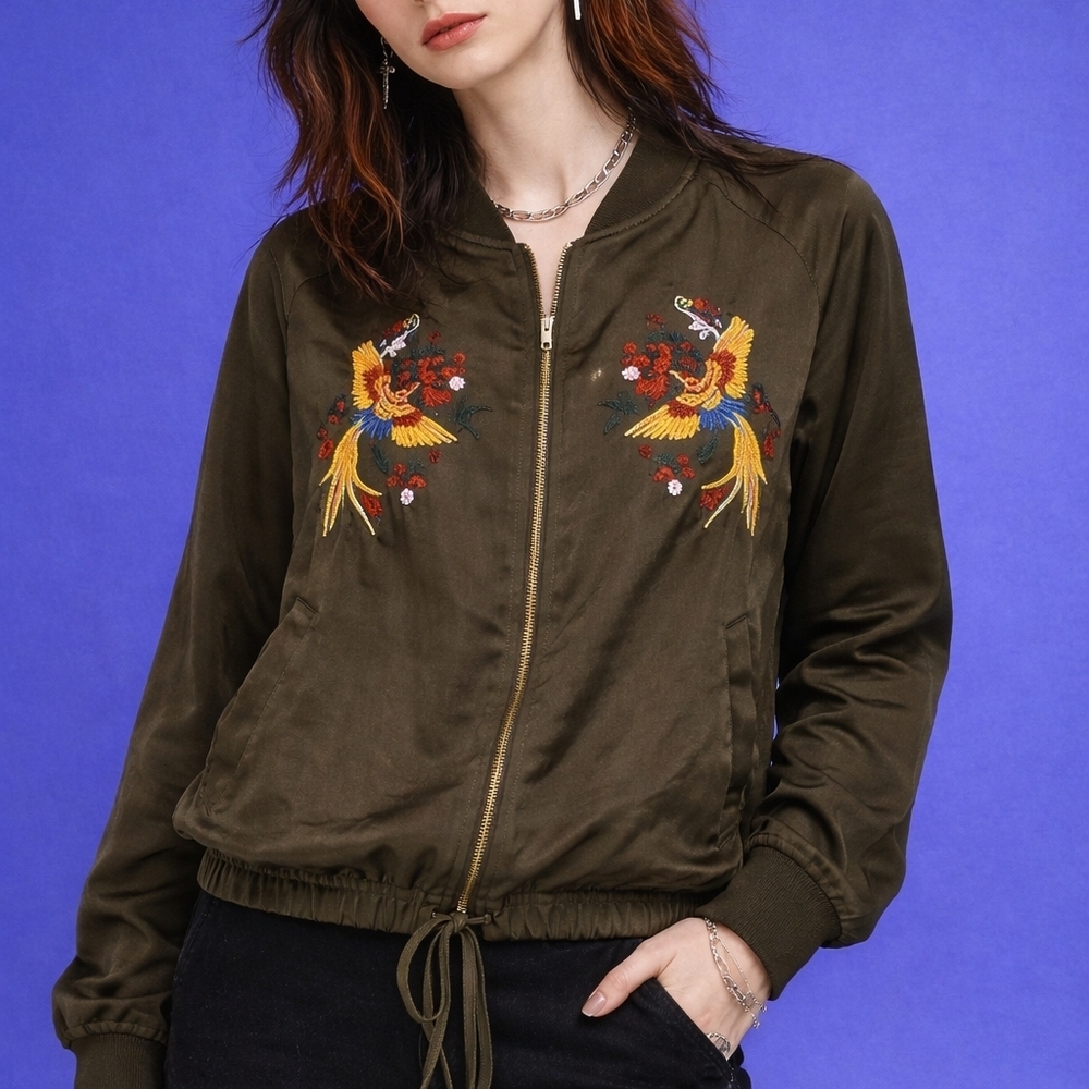 VTG JANINA Olive Embroidered Phoenix Bird Blouson Bomber Festival Jacket